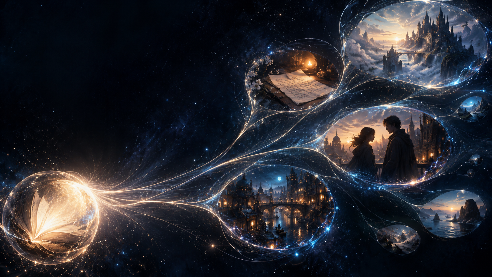 A luminous story branching into many connected worlds